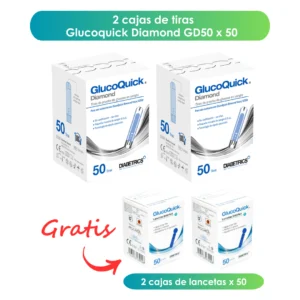 Oferta Tiras Glucoquick Diamond GD50 2 Cajas X 50 GRATIS 2 cajas de lancetas x 50