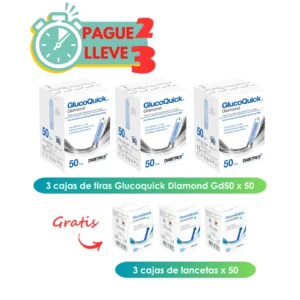 Pague 2 Lleve 3 cajas x 50 Tiras Glucoquick Diamond GD50 GRATIS 3 cajas de lancetas x 50