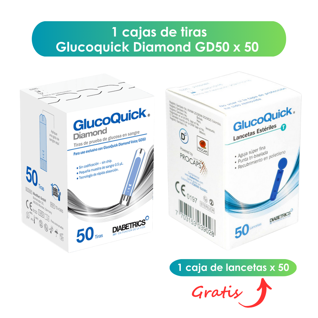 Tiras Diamond para Glucómetro Glucoquick GD50/Voice/Mini/caja x 50 Gratis 50 lancetas
