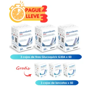 Pague 2 Lleve 3 cajas x 50 Tiras Glucoquick G30A GRATIS 3 cajas de lancetas x 50